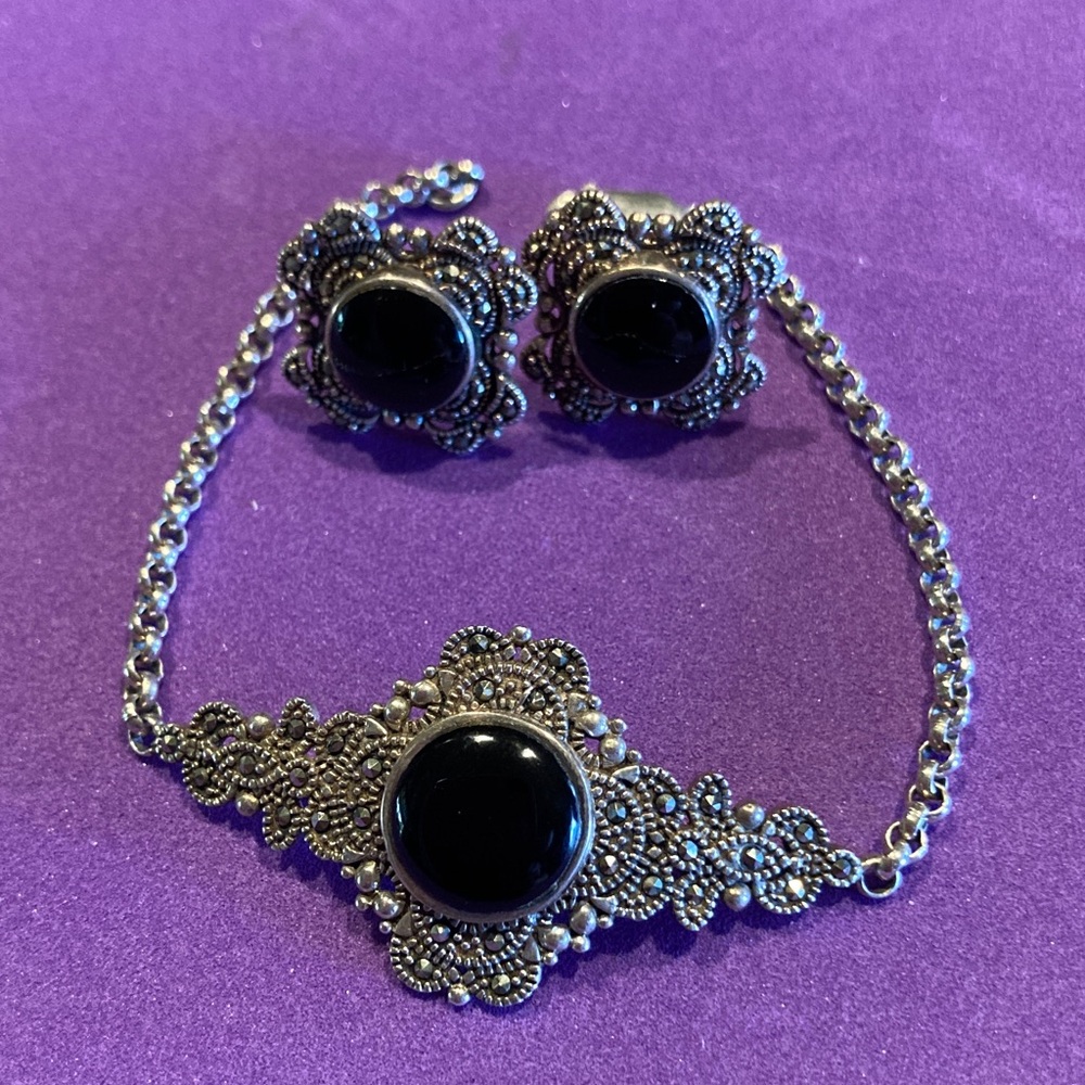 Silver and Marcasite Onyx bracelet and earrings set